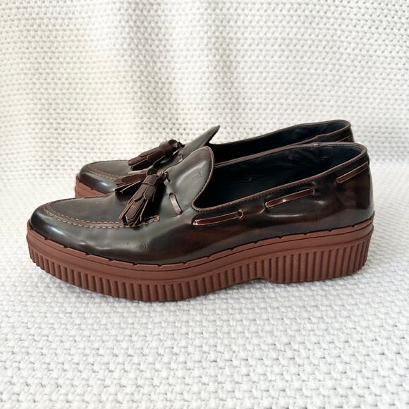 Tod's Two Tone Glossed Brown Black Almond Tassel Platform Creeper Loafers 41.5 - Picture 5 of 10